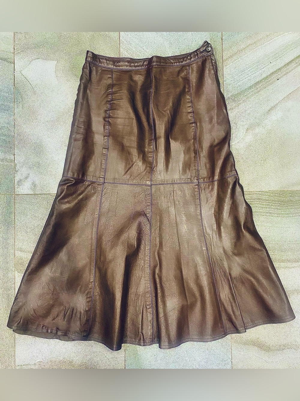 Women’s Vintage Pierre Caruso Brown Leather Midi Subtly Flared A Line Skirt 10